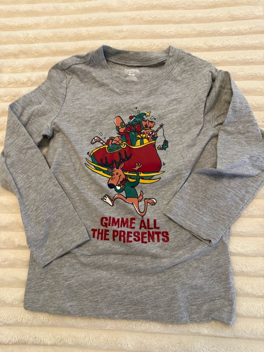 OshKosh B'gosh Grey Long-Sleeve Tee with Festive Reindeer and Red Text